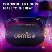 Load image into Gallery viewer, COMISO Portable Wireless Bluetooth Speaker, LED Colorful Light Boombox 25W Deep Bass Superior Audio Waterproof Bluetooth 5.0 Stereo Pair Sound 40H Playback Support TF Card AUX Built in Power Bank
