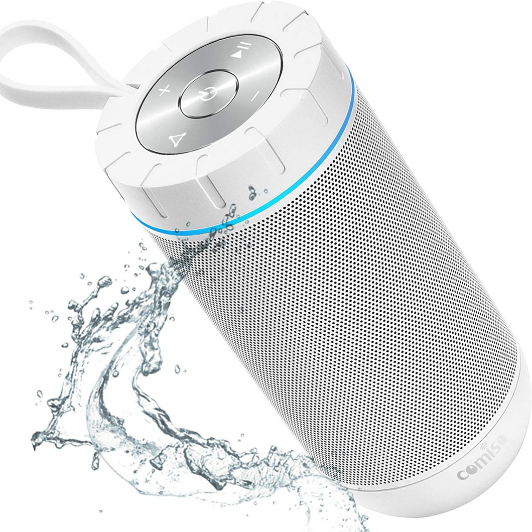 COMISO Waterproof Bluetooth Speakers Outdoor Wireless Portable Speaker with 24 Hours Playtime Superior Sound for Camping, Beach, Sports, Pool Party, Shower (White)